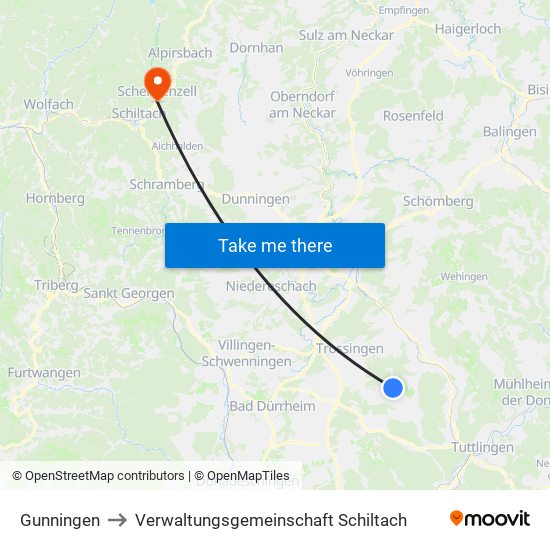 Gunningen to Verwaltungsgemeinschaft Schiltach map