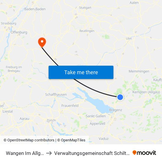 Wangen Im Allgäu to Verwaltungsgemeinschaft Schiltach map