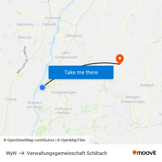 Wyhl to Verwaltungsgemeinschaft Schiltach map