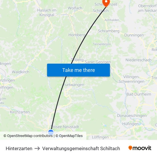 Hinterzarten to Verwaltungsgemeinschaft Schiltach map