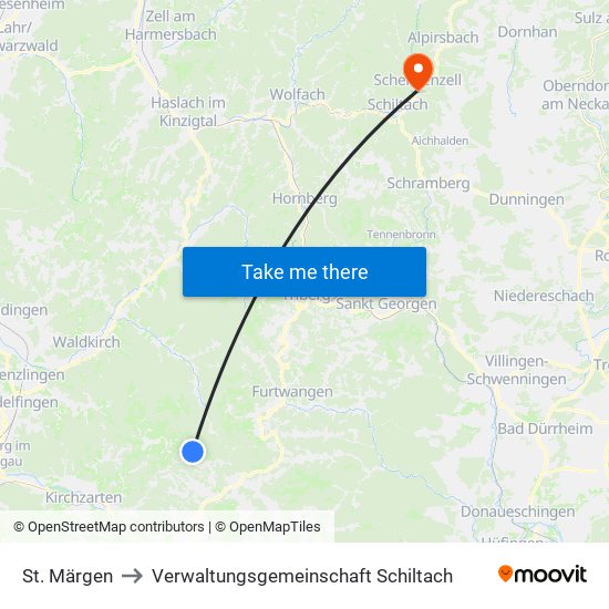 St. Märgen to Verwaltungsgemeinschaft Schiltach map