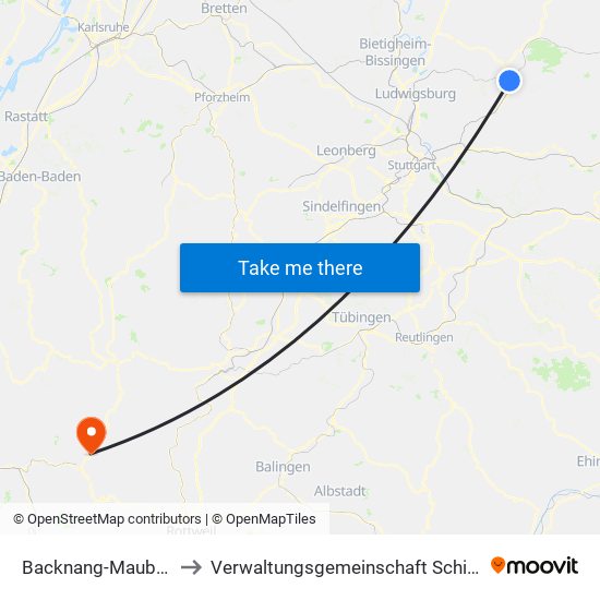 Backnang-Maubach to Verwaltungsgemeinschaft Schiltach map