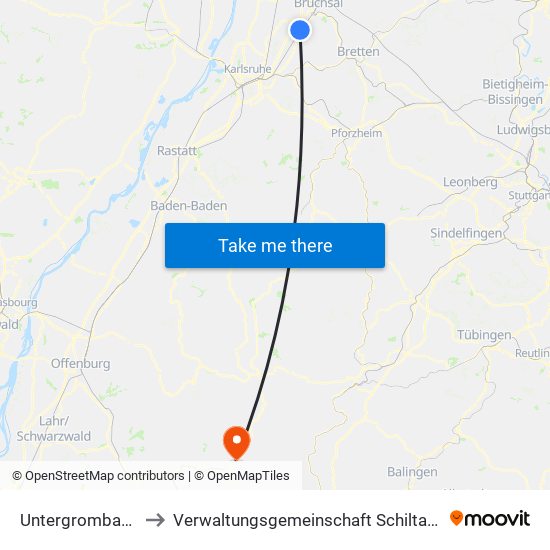 Untergrombach to Verwaltungsgemeinschaft Schiltach map