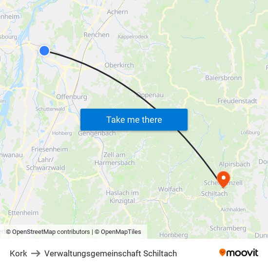 Kork to Verwaltungsgemeinschaft Schiltach map