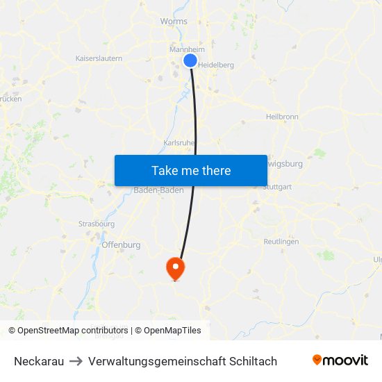 Neckarau to Verwaltungsgemeinschaft Schiltach map