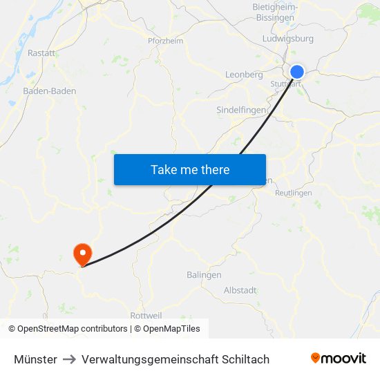 Münster to Verwaltungsgemeinschaft Schiltach map