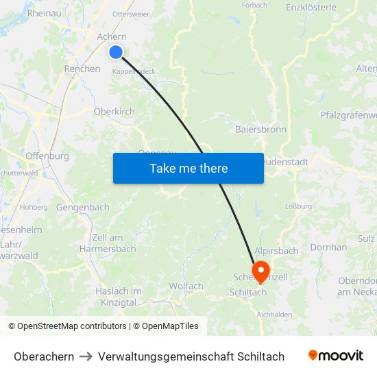 Oberachern to Verwaltungsgemeinschaft Schiltach map