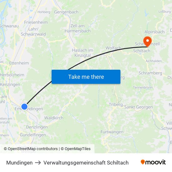 Mundingen to Verwaltungsgemeinschaft Schiltach map