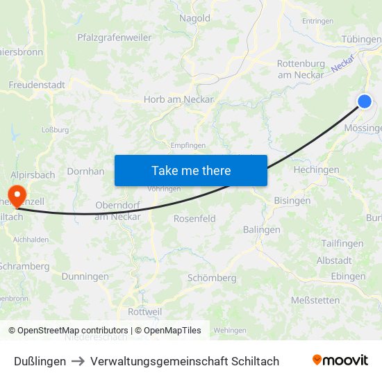 Dußlingen to Verwaltungsgemeinschaft Schiltach map