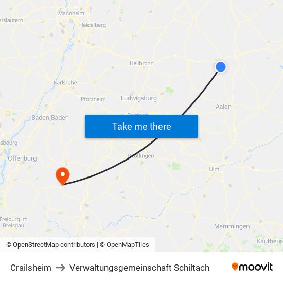 Crailsheim to Verwaltungsgemeinschaft Schiltach map