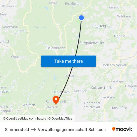 Simmersfeld to Verwaltungsgemeinschaft Schiltach map