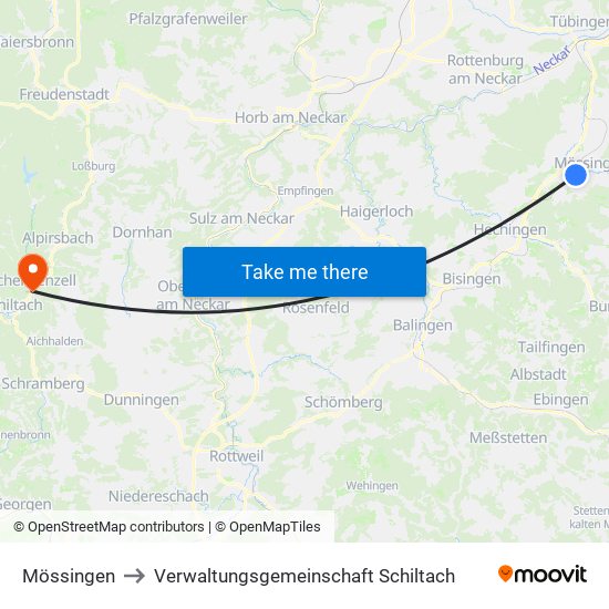 Mössingen to Verwaltungsgemeinschaft Schiltach map