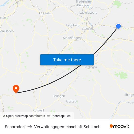 Schorndorf to Verwaltungsgemeinschaft Schiltach map