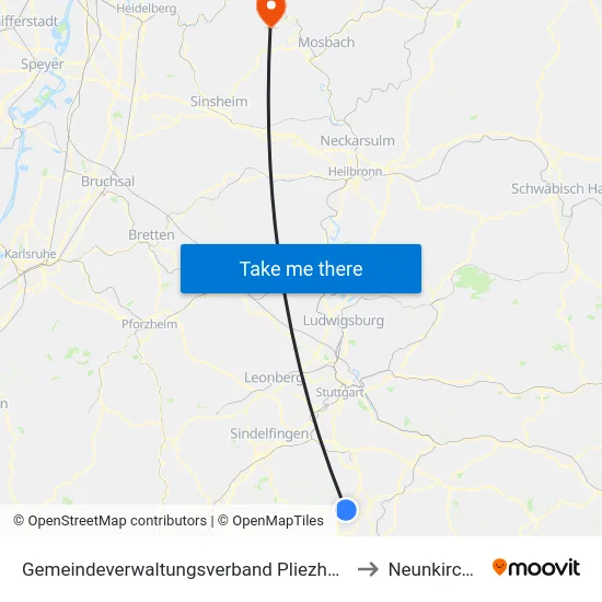 Gemeindeverwaltungsverband Pliezhausen to Neunkirchen map