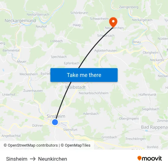 Sinsheim to Neunkirchen map