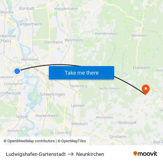 Ludwigshafen-Gartenstadt to Neunkirchen map