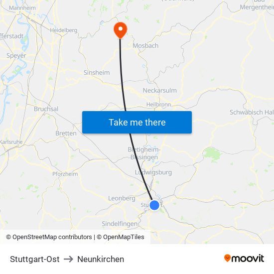 Stuttgart-Ost to Neunkirchen map
