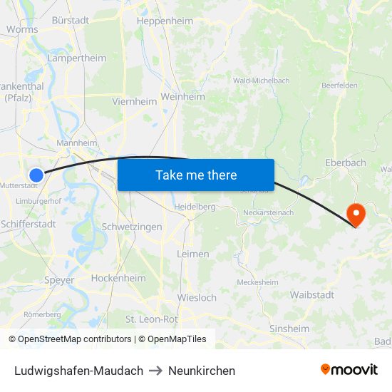 Ludwigshafen-Maudach to Neunkirchen map