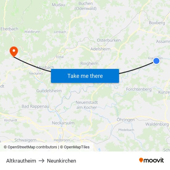 Altkrautheim to Neunkirchen map