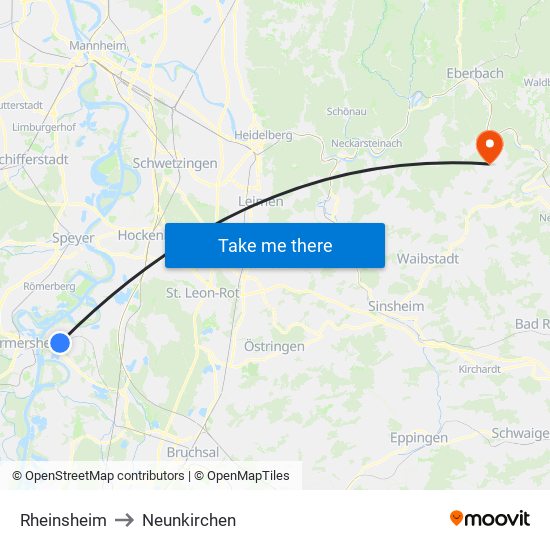 Rheinsheim to Neunkirchen map