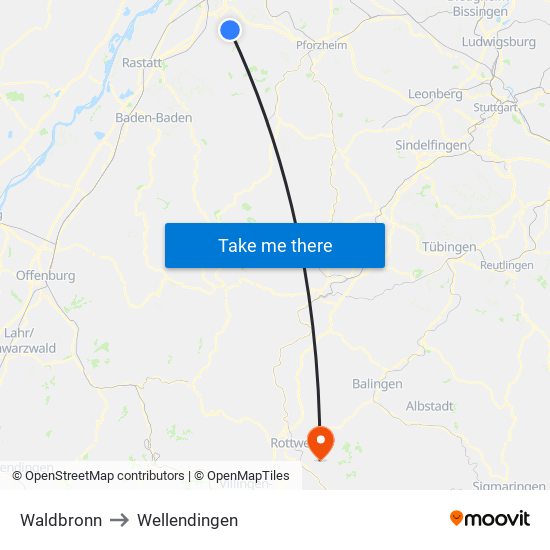 Waldbronn to Wellendingen map