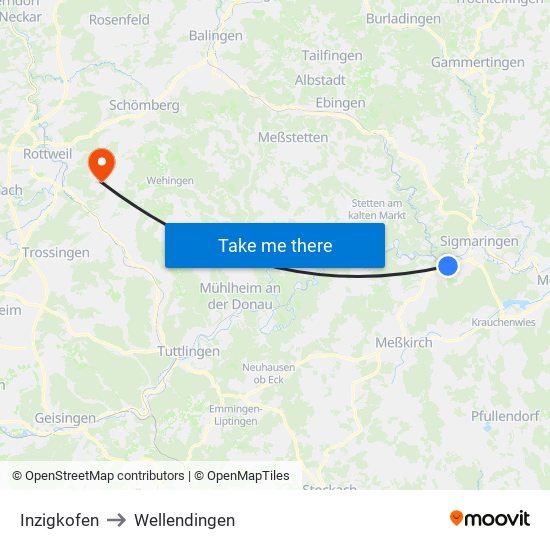 Inzigkofen to Wellendingen map