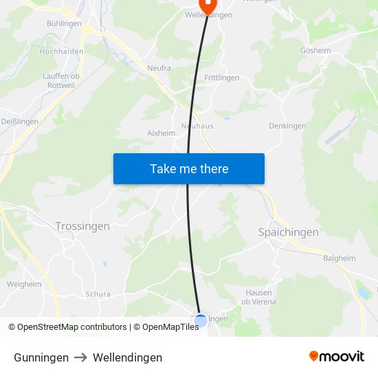 Gunningen to Wellendingen map