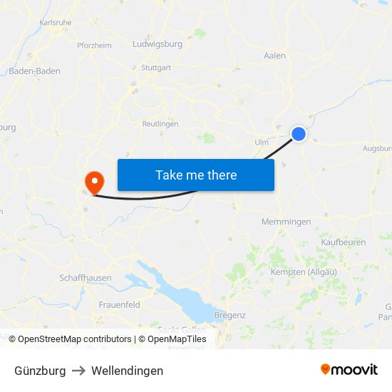 Günzburg to Wellendingen map