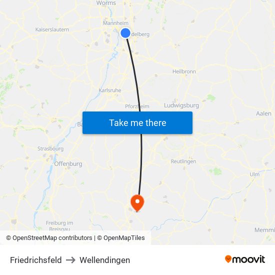 Friedrichsfeld to Wellendingen map