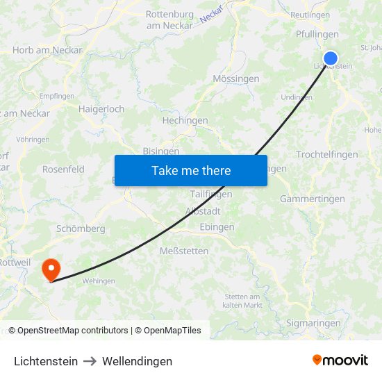 Lichtenstein to Wellendingen map