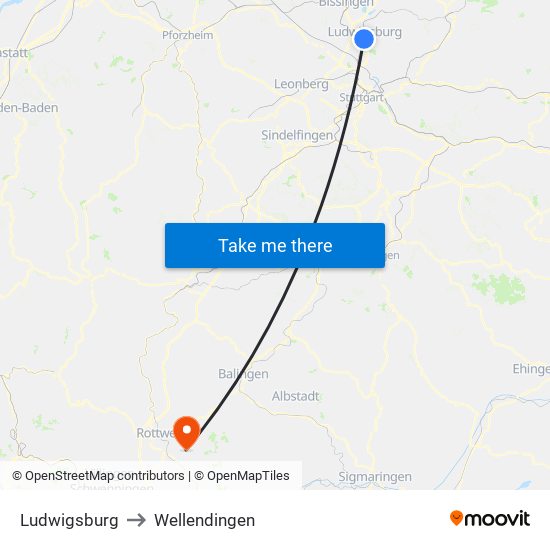 Ludwigsburg to Wellendingen map