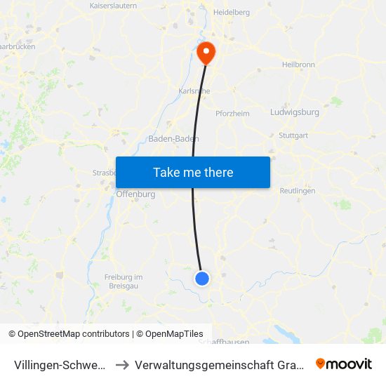 Villingen-Schwenningen to Verwaltungsgemeinschaft Graben-Neudorf map