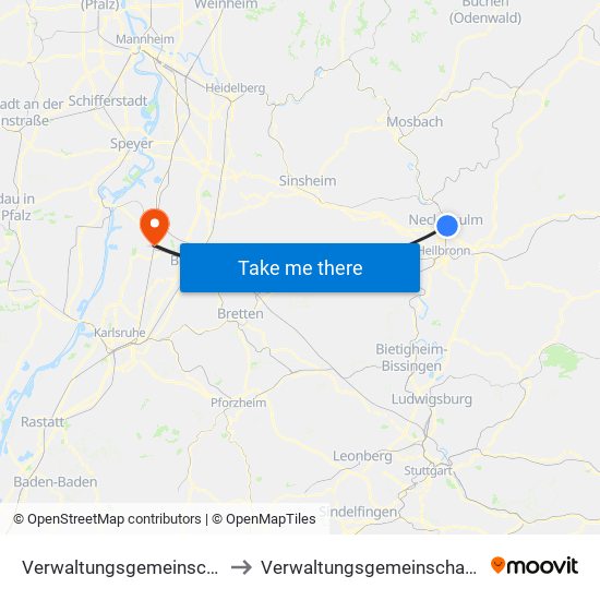 Verwaltungsgemeinschaft Neckarsulm to Verwaltungsgemeinschaft Graben-Neudorf map