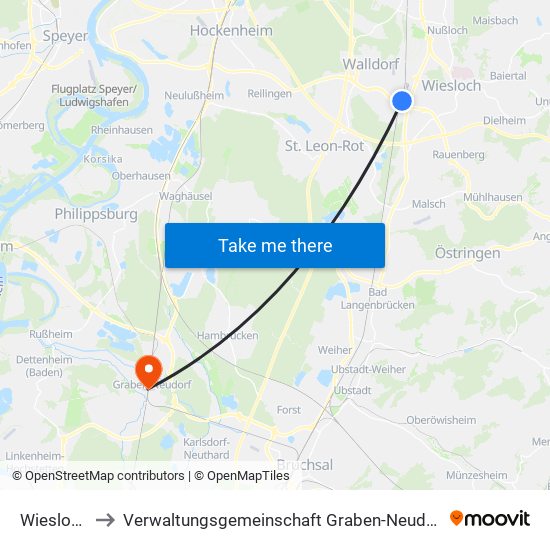 Wiesloch to Verwaltungsgemeinschaft Graben-Neudorf map
