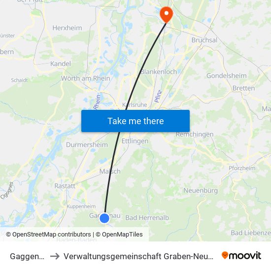 Gaggenau to Verwaltungsgemeinschaft Graben-Neudorf map