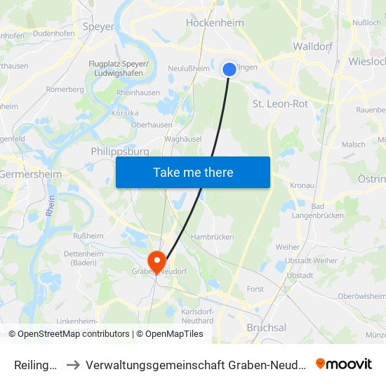 Reilingen to Verwaltungsgemeinschaft Graben-Neudorf map