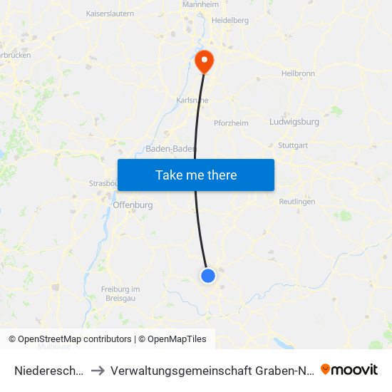 Niedereschach to Verwaltungsgemeinschaft Graben-Neudorf map