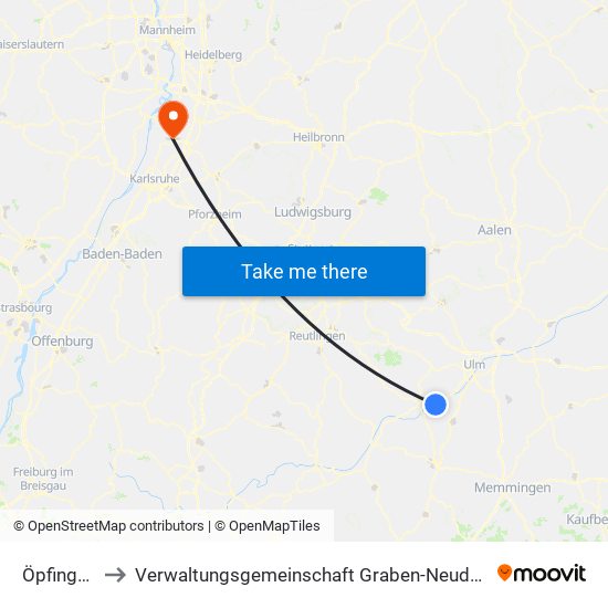 Öpfingen to Verwaltungsgemeinschaft Graben-Neudorf map