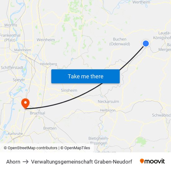 Ahorn to Verwaltungsgemeinschaft Graben-Neudorf map