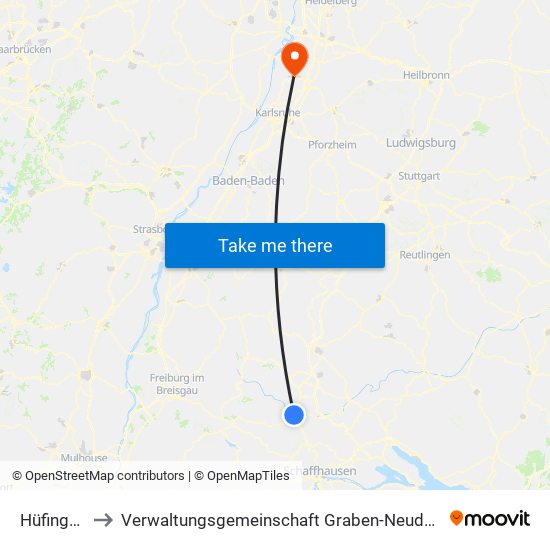 Hüfingen to Verwaltungsgemeinschaft Graben-Neudorf map