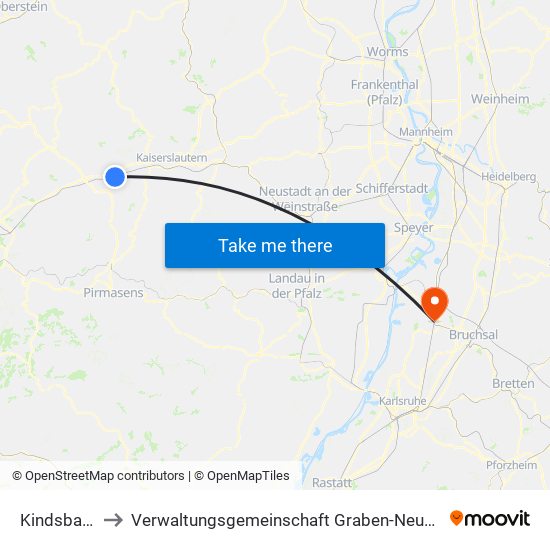 Kindsbach to Verwaltungsgemeinschaft Graben-Neudorf map