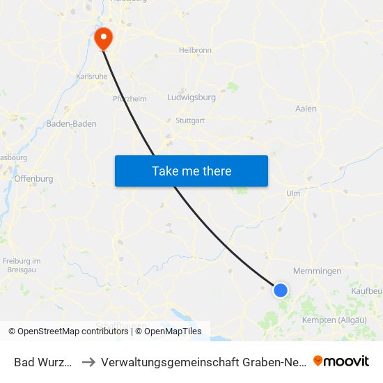 Bad Wurzach to Verwaltungsgemeinschaft Graben-Neudorf map