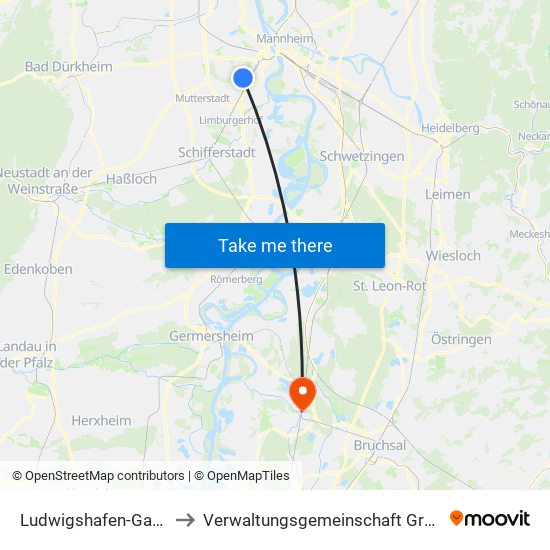 Ludwigshafen-Gartenstadt to Verwaltungsgemeinschaft Graben-Neudorf map