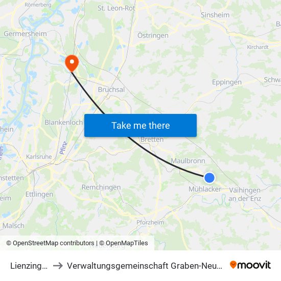 Lienzingen to Verwaltungsgemeinschaft Graben-Neudorf map