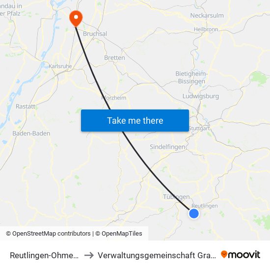 Reutlingen-Ohmenhausen to Verwaltungsgemeinschaft Graben-Neudorf map