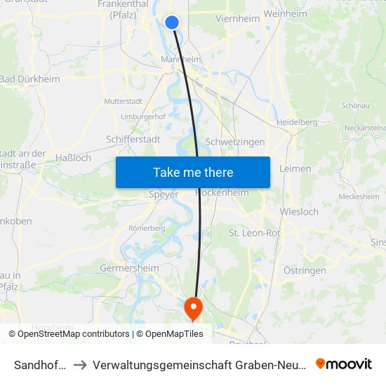 Sandhofen to Verwaltungsgemeinschaft Graben-Neudorf map