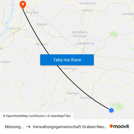 Münsingen to Verwaltungsgemeinschaft Graben-Neudorf map