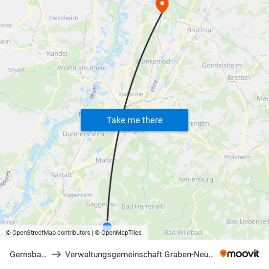 Gernsbach to Verwaltungsgemeinschaft Graben-Neudorf map