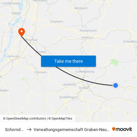 Schorndorf to Verwaltungsgemeinschaft Graben-Neudorf map