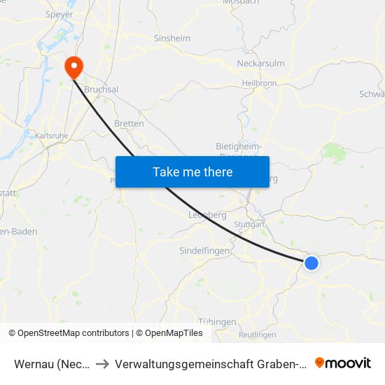 Wernau (Neckar) to Verwaltungsgemeinschaft Graben-Neudorf map